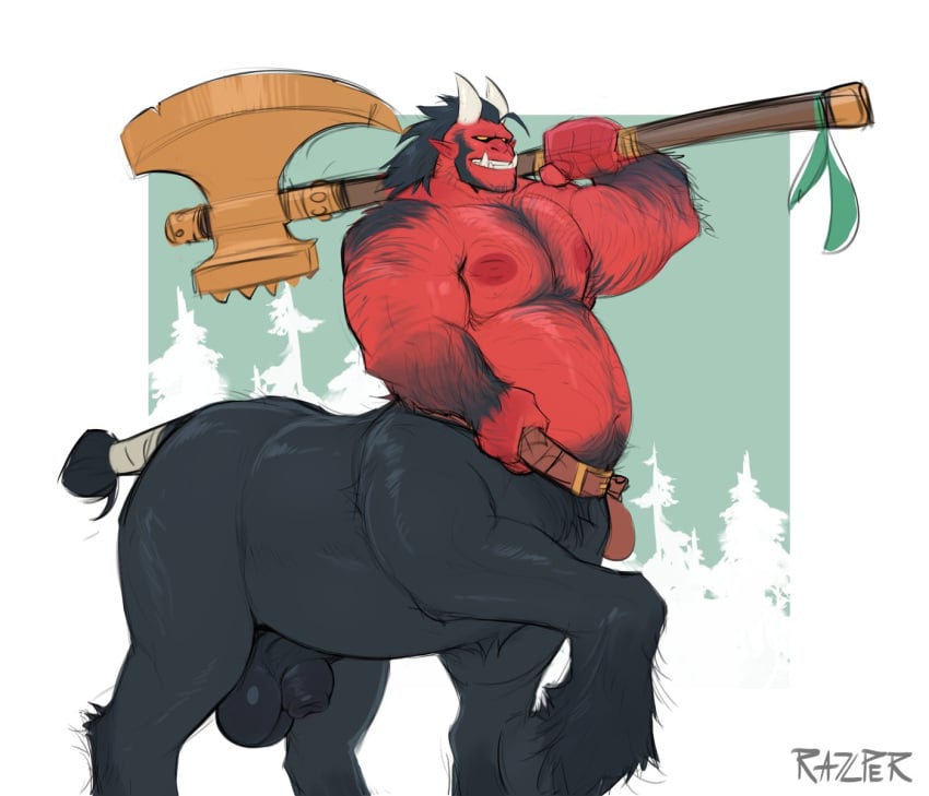 alternate_species animal_genitalia animal_penis anthro arm_hair axe axe_over_shoulder balls battle_axe belt big_balls big_muscles black_body black_fur black_hair body_hair brogart_(razzper) centaur chest_hair demon demon_humanoid demon_taur equid equid_taur equine_genitalia equine_penis european_mythology fangs fully_sheathed fur genitals greek_mythology hair hairy hi_res horn humanoid humanoid_taur male mammal mammal_taur manly musclegut muscular muscular_humanoid muscular_male muscular_taur mythology pecs penis razzper red_body red_skin sheath solo tail taur teeth weapon_on_shoulder yellow_eyes