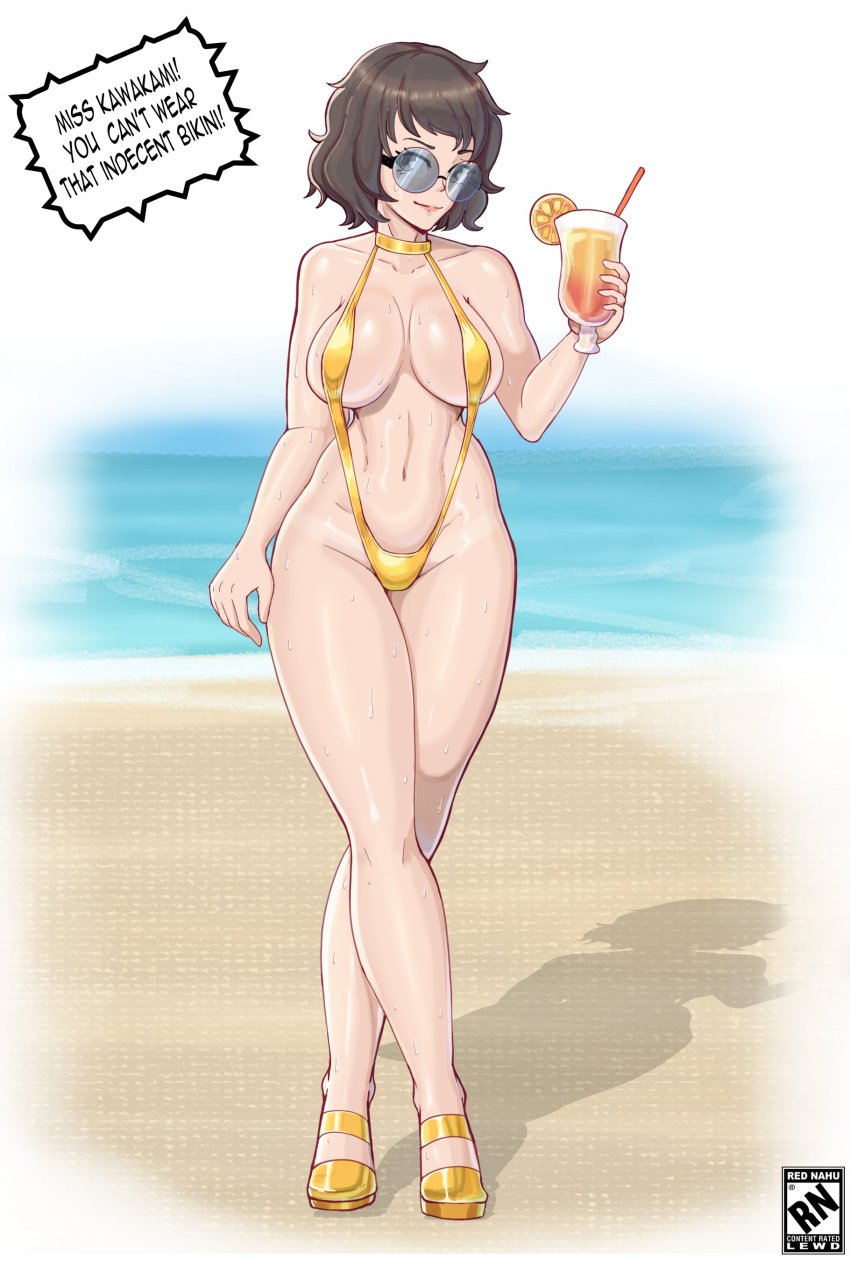 1girls beach_background cleavage drink_glass english_text female gold_bikini nahusmash persona_5 revealing_clothes sadayo_kawakami sling_bikini solo solo_female speech_bubble sunglasses tagme text tinted_eyewear yellow_bikini