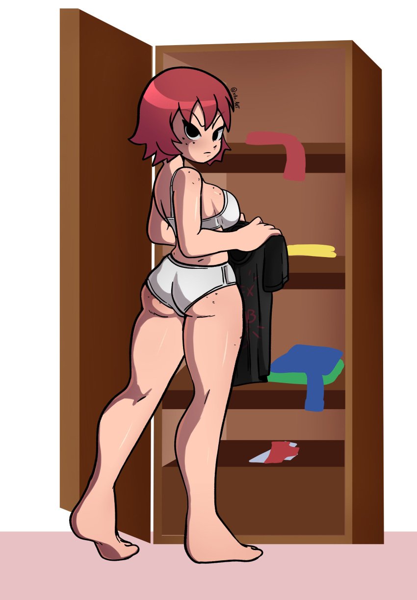 1girls black_eyes closet clothing female freckles freckles_on_ass freckles_on_breasts freckles_on_face freckles_on_shoulders freckles_on_thighs holding_object kim_pine looking_back rear_view red_hair scott_pilgrim shirt short_hair solo solo_female underwear white_underwear xao_art