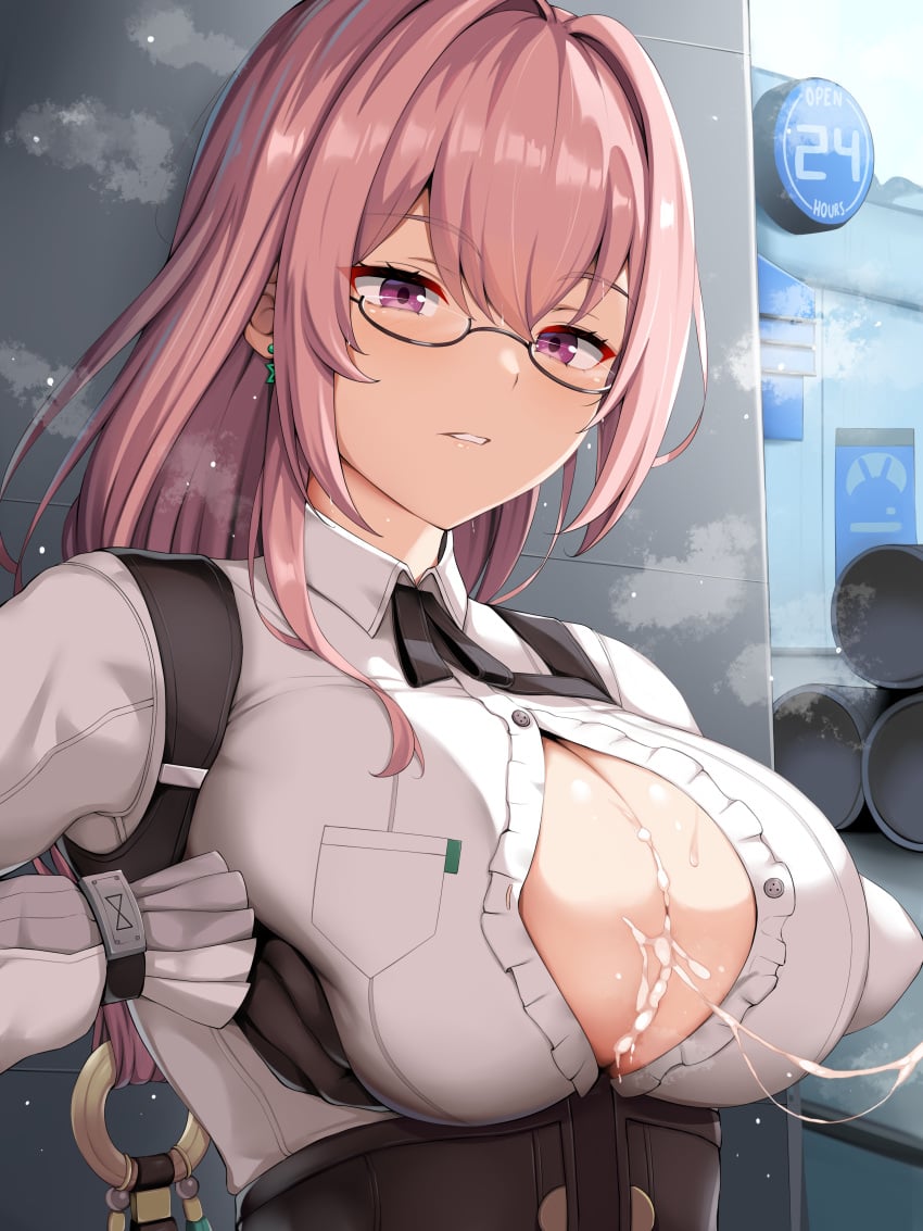 1boy 1girls breasts female female_focus glasses hi_res hollow_special_operations_section_6 hoyoverse huge_breasts light-skinned_female light-skinned_male light_skin long_hair male paizuri penis perpendicular_paizuri pink_eyes pink_hair renetan titjob tsukishiro_yanagi unseen_male_face zenless_zone_zero