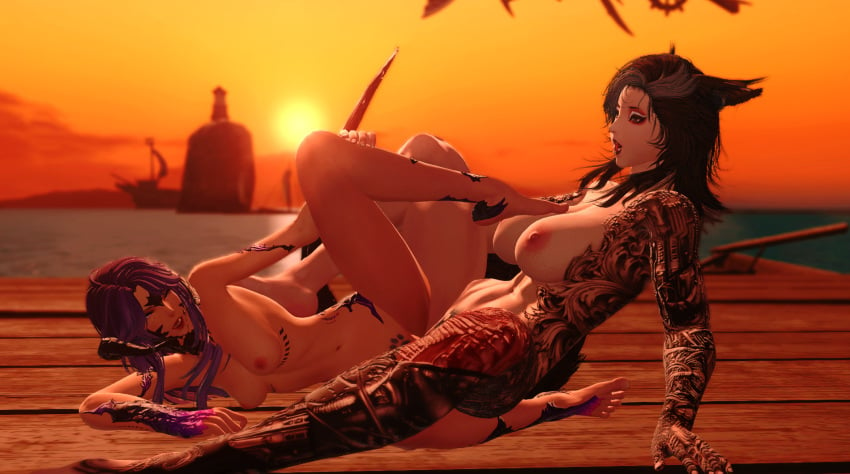 2girls 3d au_ra barefoot black_hair black_lipstick dock eyeshadow feet final_fantasy final_fantasy_xiv foot_on_breast gpose(ffxiv) horns large_breasts light-skinned_female long_hair medium_breasts medium_hair miqo&#039;te muscular_female nude ocean public_sex purple_hair purple_scales scales square_enix sunset tattoos toes tribadism yuri