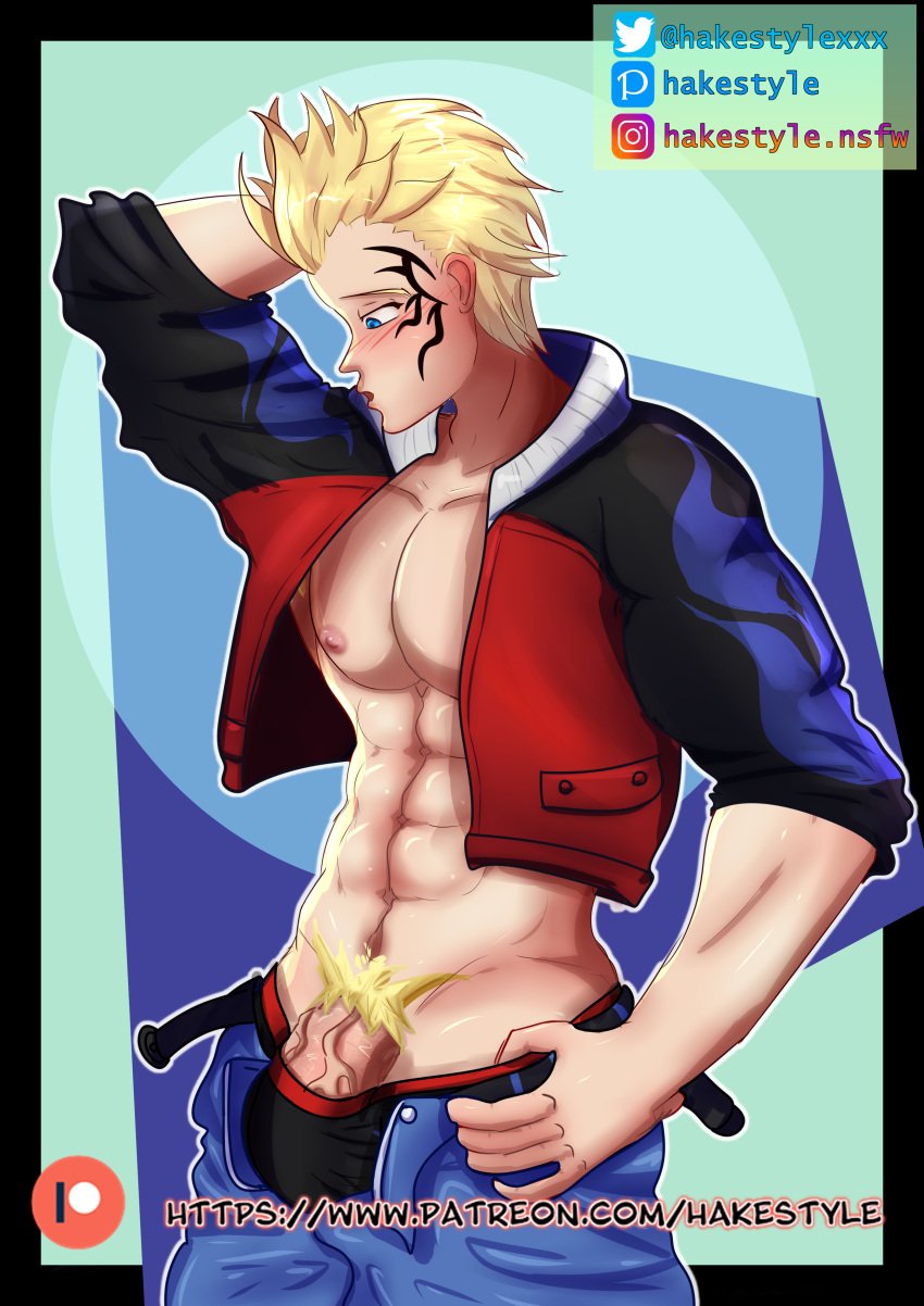 1boy abs belt belt_unbuckled blonde_hair blue_eyes blush bulge bulge_through_clothing final_fantasy final_fantasy_viii hakestyle jacket looking_at_penis looking_down male_only navel nipples one_arm_up pants_down patreon_url pecs penis pubic_hair solo tattoo tattoo_on_face veiny_penis watermark whistling zell_dincht