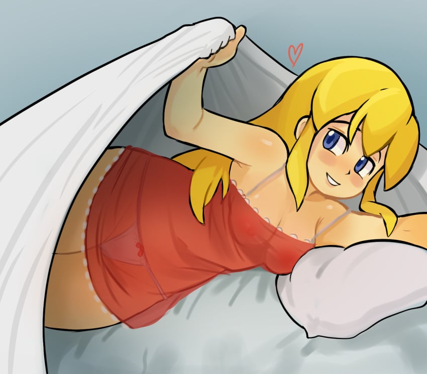 ass blonde_hair blue_eyes blush drawfag female mega_man mega_man(classic) nightgown nipples panties ponytail roll see-through yellow_hair