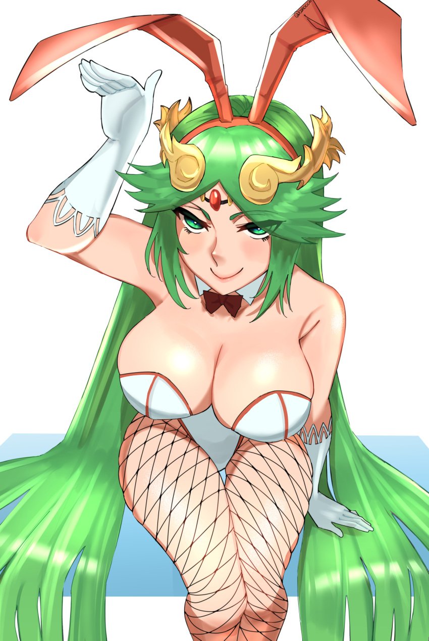 1girl 1girls animal_ears bare_shoulders blush bow bowtie breasts bunny_ears bunnysuit ceroccb cleavage detached_collar fake_animal_ears female fishnet_pantyhose fishnets forehead_jewel gloves green_eyes green_hair kid_icarus large_breasts leotard long_hair looking_at_viewer nintendo palutena pantyhose parted_bangs playboy_bunny rabbit_ears simple_background sitting smile solo solo_female strapless_leotard tagme tiara very_long_hair white_background white_gloves white_leotard