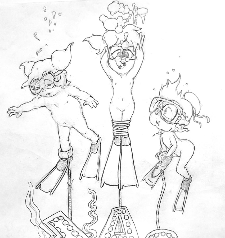 3girls alvin_and_the_chipmunks brittany_miller bubbles chipettes chipmunk cub drawing drowned drowning dtcg eleanor_miller fanart female females half-closed_eyes jeanette_miller looking_shocked looking_up monochrome navel nipples nude peril rodents scuba_gear tied_down traditional_media_(artwork) underwater