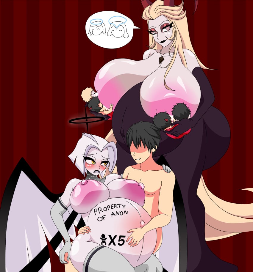 1boy 2girls angel angel_girl angel_wings anon black_hair blonde_hair breastfeeding demon demon_girl demon_horns dress elbow_gloves exorcist_(hazbin_hotel) halo harem hazbin_hotel horns huge_ass huge_belly huge_breasts human human_on_humanoid humanoid interspecies lactating lactation lilith_morningstar_(hazbin_hotel) long_hair lute_(hazbin_hotel) milf mother multiple_pregnancies necklace pregnancy_tally pregnant pregnant_belly pregnant_female pregnant_with_multiples short_hair succubus thick_ass thick_thighs thighhighs vivienne_medrano vivziepop white_hair xml_xrossover(artist)