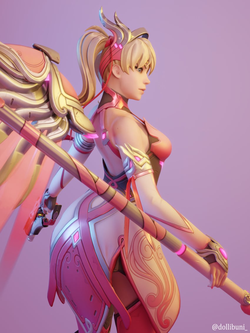 3d blizzard_entertainment clothed female female_only light-skinned_female mercy overwatch pink_mercy standing