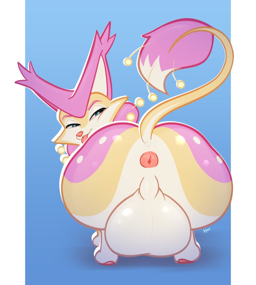 anus ass balls big_balls butt_focus delcatty digital_drawing_(artwork) digital_media_(artwork) digital_painting_(artwork) feral fur generation_3_pokemon genitals hi_res huge_balls hybrid male mammal multicolored_body multicolored_fur nintendo nude pink_body pink_fur pokemon pokemon_(species) sjevi skitty smile solo tail thick_thighs tongue tongue_out white_body white_fur wide_hips yellow_body yellow_fur