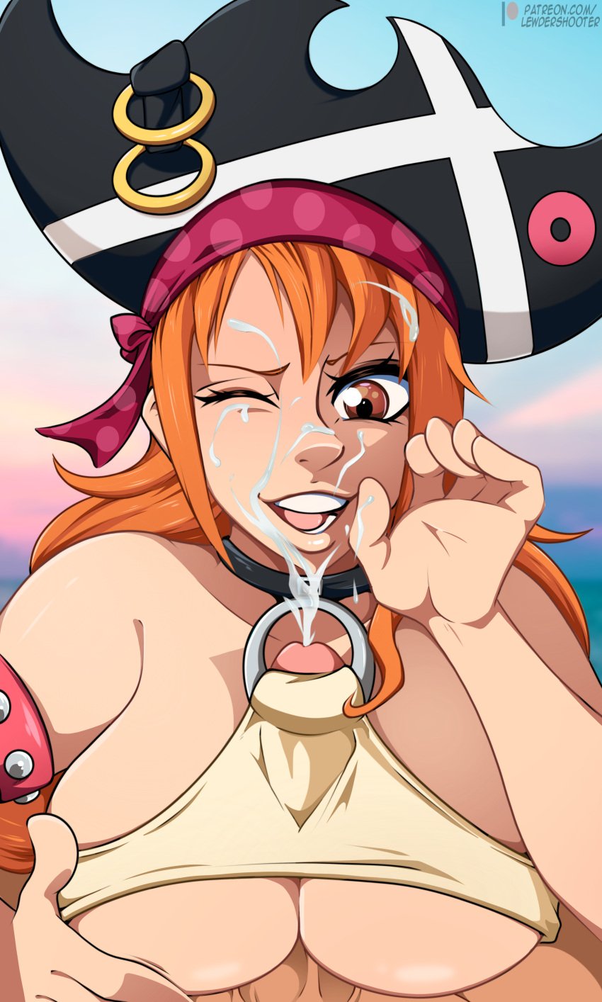 breasts brown_hair female lewdershooter light_skin long_hair male nami nipples one_piece orange_hair paizuri pirate_hat semen tagme