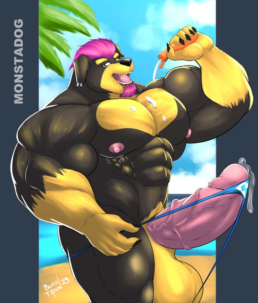 anthro balls beach big_cock big_penis blitztaison canine cum doger_(character) furry men monstadog_(character) muscles muscular naked pecs precum spring summer sun_cream thong