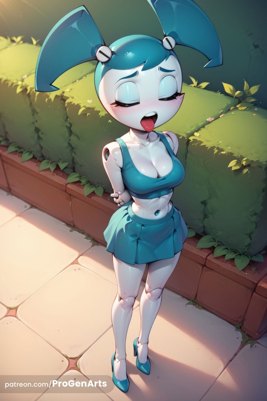 1girls ai_generated android aqua_skirt arms_behind_back blue_hair blue_skirt blush breasts cleavage closed_eyes collarbone colored_skin full_body hi_res high_heels jenny_wakeman joints medium_breasts midriff my_life_as_a_teenage_robot navel nickelodeon nicktoons open_mouth outdoors patreon_username pleated_skirt progenarts robot robot_girl robot_joints skirt solo standing tongue tongue_out twintails white_body white_skin xj-9