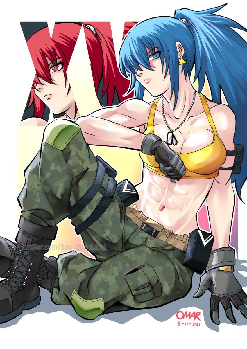 1girls athletic big_breasts blue_eyes blue_hair boots breasts busty camo camo_print camouflage clothed collar cute earrings female fit fit_female gloves king_of_fighters leather leona_heidern light-skinned_female light_skin long_hair military military_clothing military_uniform necklace pale-skinned_female pale_skin pants ponytail red_eyes red_hair tank_top tied_hair toned toned_female voluptuous voluptuous_female