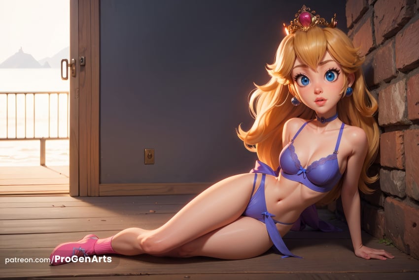 1girls ai_generated arm_support artist_name blonde_hair blue_bra blue_choker blue_eyes blue_panties bow_bra bra breasts choker cleavage collarbone crown earrings full_body hi_res indoors jewelry leaning_to_the_side lingerie lips long_hair looking_at_viewer mario_(series) medium_breasts navel nintendo panties parted_lips patreon_username pink_footwear princess_peach progenarts socks solo sphere_earrings super_mario_bros. underwear underwear_only