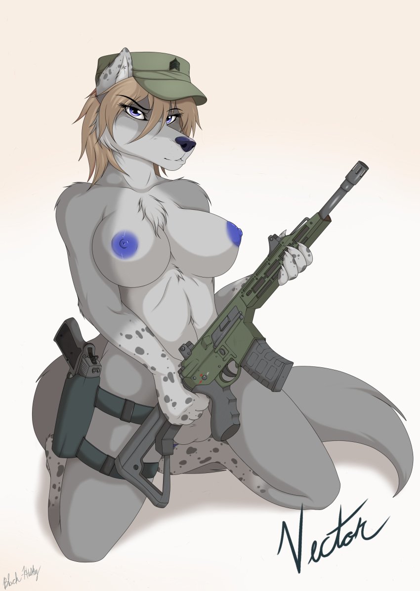 1futa black-husky blue_nipples breasts canine chest_tuft front_view fur furry futa_only futanari grey_fur gun hair handgun hat holding holding_gun intersex intersex_only kneeling mammal military open_eyes original_character pinup pistol pose purple_eyes ranged_weapon rifle smirk solo spots tan_hair testicles tuft vector_(black-husky) weapon wolf