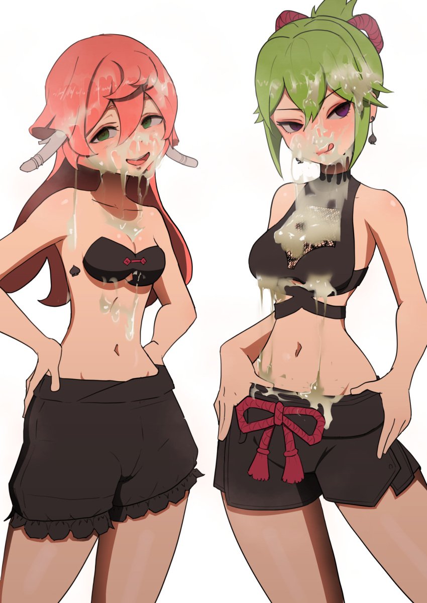 2girls :d after_sex alternate_breast_size breasts bukkake clothed clothing color cum cum_dripping_from_mouth cum_in_mouth cum_on_body cum_on_breasts cum_on_face dark-skinned_male earrings excessive_cum facial genshin_impact green_eyes green_hair henzu-zu hi_res highres horn hoyoverse implied_sex kuki_shinobu light-skinned_female light_skin lips looking_at_viewer medium_breasts mihoyo naughty_face pink_hair purple_eyes qos qos_tattoo queen_of_spades queen_of_spades_symbol queen_of_spades_tattoo sex_slave skinny smug smug_face standing thick_legs thick_thighs thighs yanfei_(genshin_impact)