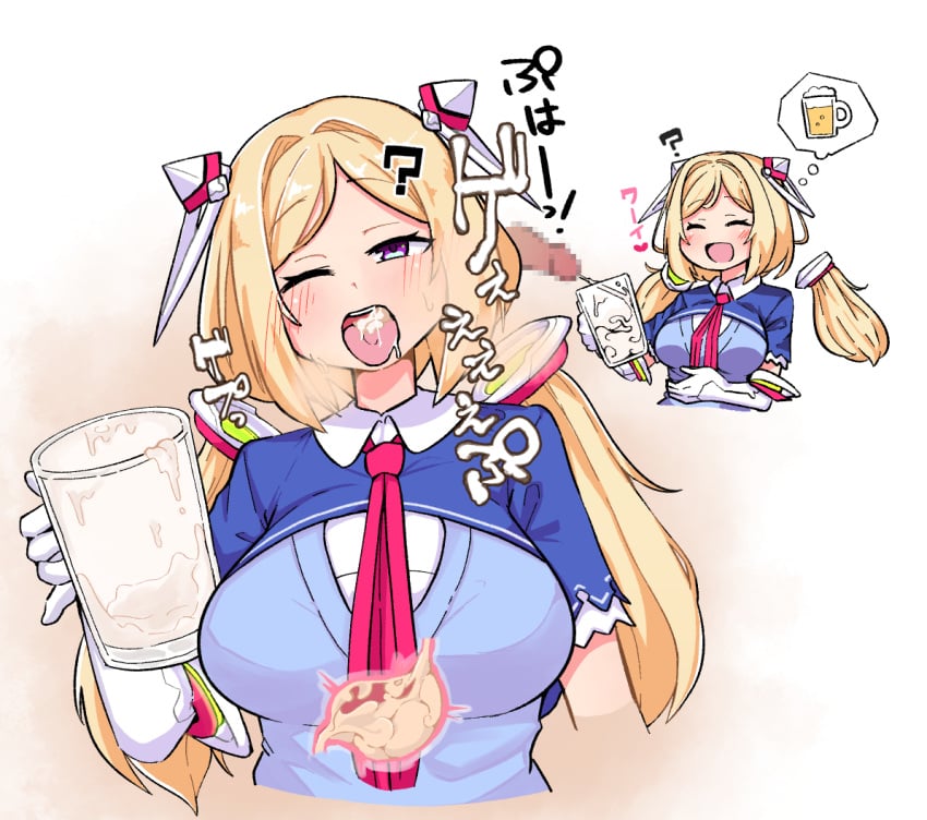 ;d aki_rosenthal aki_rosenthal_(1st_costume) big_breasts blonde_hair blue_shrug blush bob_cut breasts burp censored closed_eyes collared_shirt cropped_torso cum cum_as_food cum_in_container cum_in_cup cum_in_mouth cum_in_stomach cup detached_hair ejaculation female gloves gokkun headgear holding holding_cup hololive imomushi_(artist) large_breasts long_hair mosaic_censoring necktie one_eye_closed parted_bangs penis red_necktie shirt short_hair smile sound_effects stomach_(organ) thought_bubble twintails virtual_youtuber white_gloves x-ray