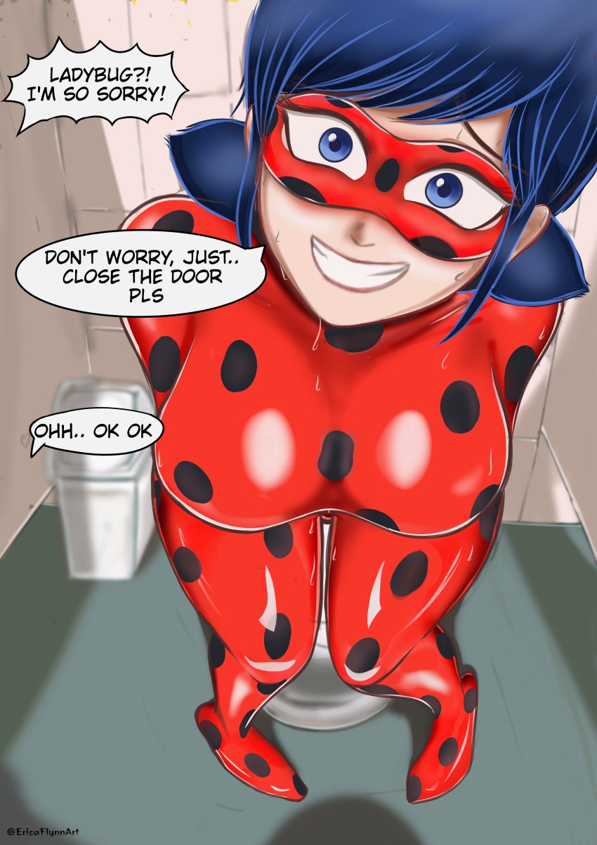 1female 1girls blue_eyes blue_hair blush bodysuit costume costume_transformation female ladybug_(character) latex mask miraculous:_tales_of_ladybug_and_cat_noir miraculous_ladybug png red_clothing rubber rubber_clothing rubber_suit self_upload shiny_clothes short_hair shy sweat teeth toilet trapped