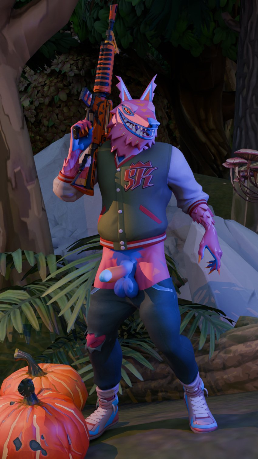 3d_(artwork) andy_fangerson anthro assault_rifle balls blender_cycles canid canine clawed_hands clothed clothing digital_media_(artwork) epic_games erection food fortnite fruit fur genitals glans hi_res letterman_jacket male mammal multicolored_body multicolored_fur outside pants_down partially_clothed pat3awelitas300 penis pinata plant pumpkin smile solo standing torn_legwear weapon wolf