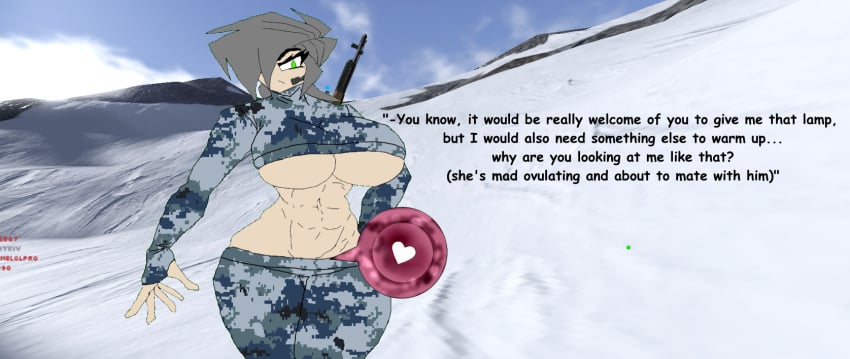 1boy 1girls 3d_background army_girl army_uniform asking_viewer dirty_talk english_text green_eyes green_hair gun large_breasts large_thighs microphone muscular_female oc original_character ovum roblox roblox_background roblox_game scorched_earth traced winter_clothes zaminka(character) zaminka97