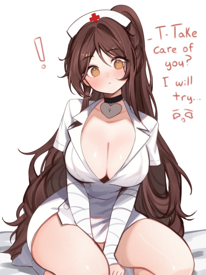 1girls big_breasts breasts brown_hair choker english_text exclamation_mark female female_focus female_only heart-shaped_pupils heart_choker hips long_hair long_sleeves looking_at_viewer nurse red_cross sky_(skyaboveme) skyaboveme text thick_thighs thighs very_long_hair white_background white_sleeves yellow_eyes