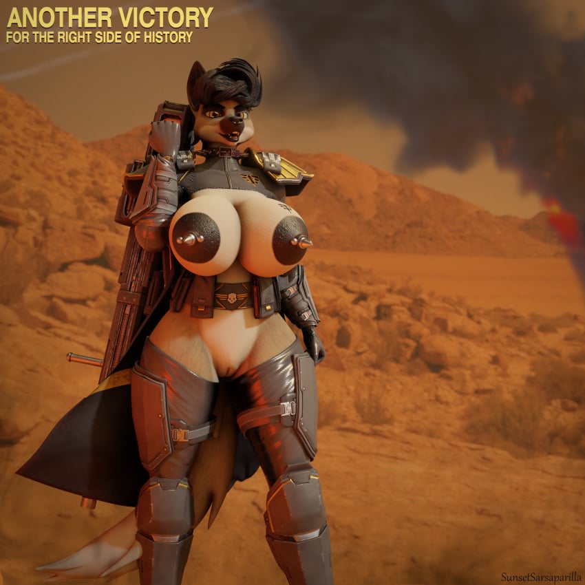 absurd_res anthro armor big_breasts big_nipples breasts canid canine canis cannon collar coyote domestic_dog female helldivers hi_res mammal nipple_piercing nipple_plugs nipples piercing plug_(sex_toy) ranged_weapon sex_toy solo sunsetsarsaparilla warrior weapon