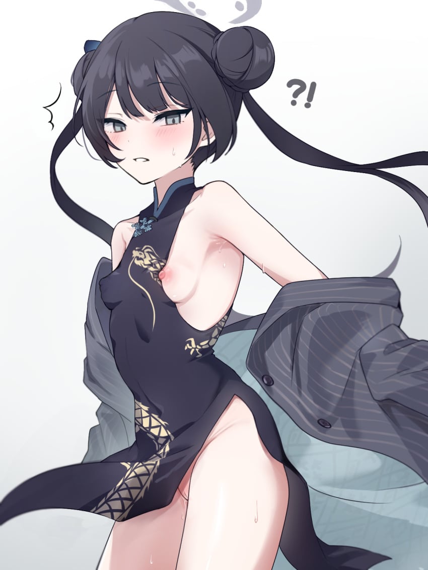 !? bare_shoulders black_hair blue_archive blue_eyes blush breasts china_dress chinese_clothes cleft_of_venus coat covered_navel covered_nipples double_bun dragon_print dress female gradient_background groin hair_bun halo hameda_pojirou highres kisaki_(blue_archive) long_hair nipples off_shoulder parted_lips pussy_juice small_breasts solo twintails uncensored variant_set