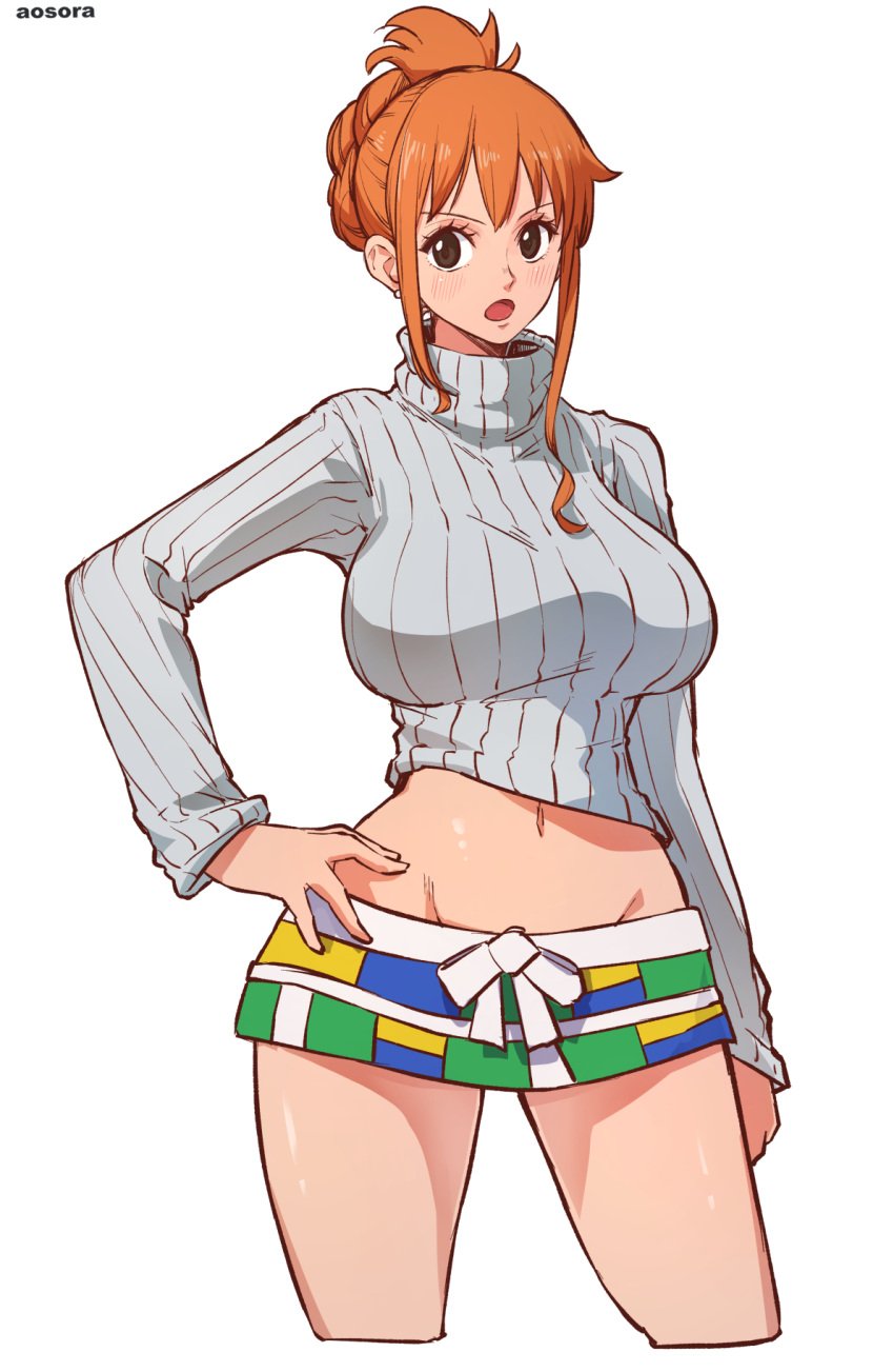 1girls aosora big_breasts breasts crop_top cropped_sweater episode_of_luffy exposed_midriff exposed_torso female female_only hand_on_hip hi_res nami one_piece orange_hair ribbed_sweater short_skirt skirt standing sweater toned toned_body toned_female toned_stomach turtleneck turtleneck_sweater