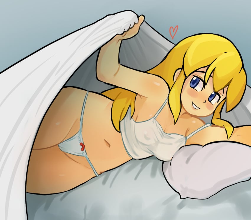 ass blonde_hair blue_eyes blush drawfag female mega_man mega_man(classic) nightgown nipples panties ponytail roll see-through yellow_hair