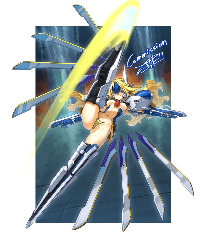 arm_blade ass_visible_through_thighs blonde_hair blue_eyes breasts c-string crotch_plate female floating floating_object floating_sword floating_weapon full_body headgear high_kick highres kicking leg_up long_hair maebari mecha_musume mechanical_legs medium_breasts navel nipples original revealing_clothes solo strapless_bottom sword takada_kazuhiro weapon