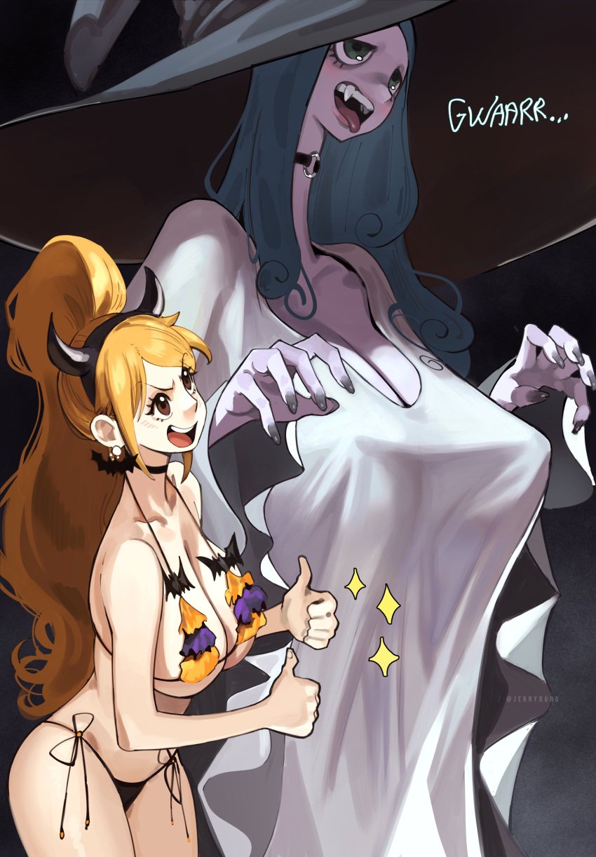 2girls bat bat_bikini bat_earrings big_breasts bikini blue_hair breasts charlotte_amande choker cleavage encouragement female female_only halloween halloween_2023 halloween_costume jerrydurd nami one_piece orange_hair size_difference thumbs_up wide_hips witch_hat