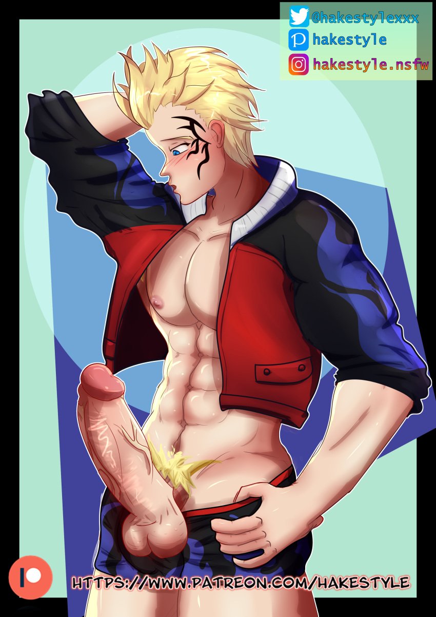 1boy abs blonde_hair blue_eyes blush boxers_(clothing) erection final_fantasy final_fantasy_viii hakestyle jacket large_penis looking_at_penis looking_down male_only navel nipples one_arm_up patreon_url pecs penis pubic_hair solo tattoo tattoo_on_face underwear veiny_penis watermark whistling zell_dincht