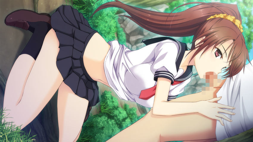 ankle_socks anklehighs black_socks blush breasts brown_eyes brown_hair brown_loafers censored clothing feet fellatio female forest game_cg grass highres kneeling large_breasts legs loafers long_hair looking_away mosaic_censoring navel no_pants noba oral penis ponytail school_uniform shoes skirt socks solo_focus standing tegome_ni_sareru_kyuunin_no_otome thighs tied_hair yobai_suru_shichinin_no_harame_2