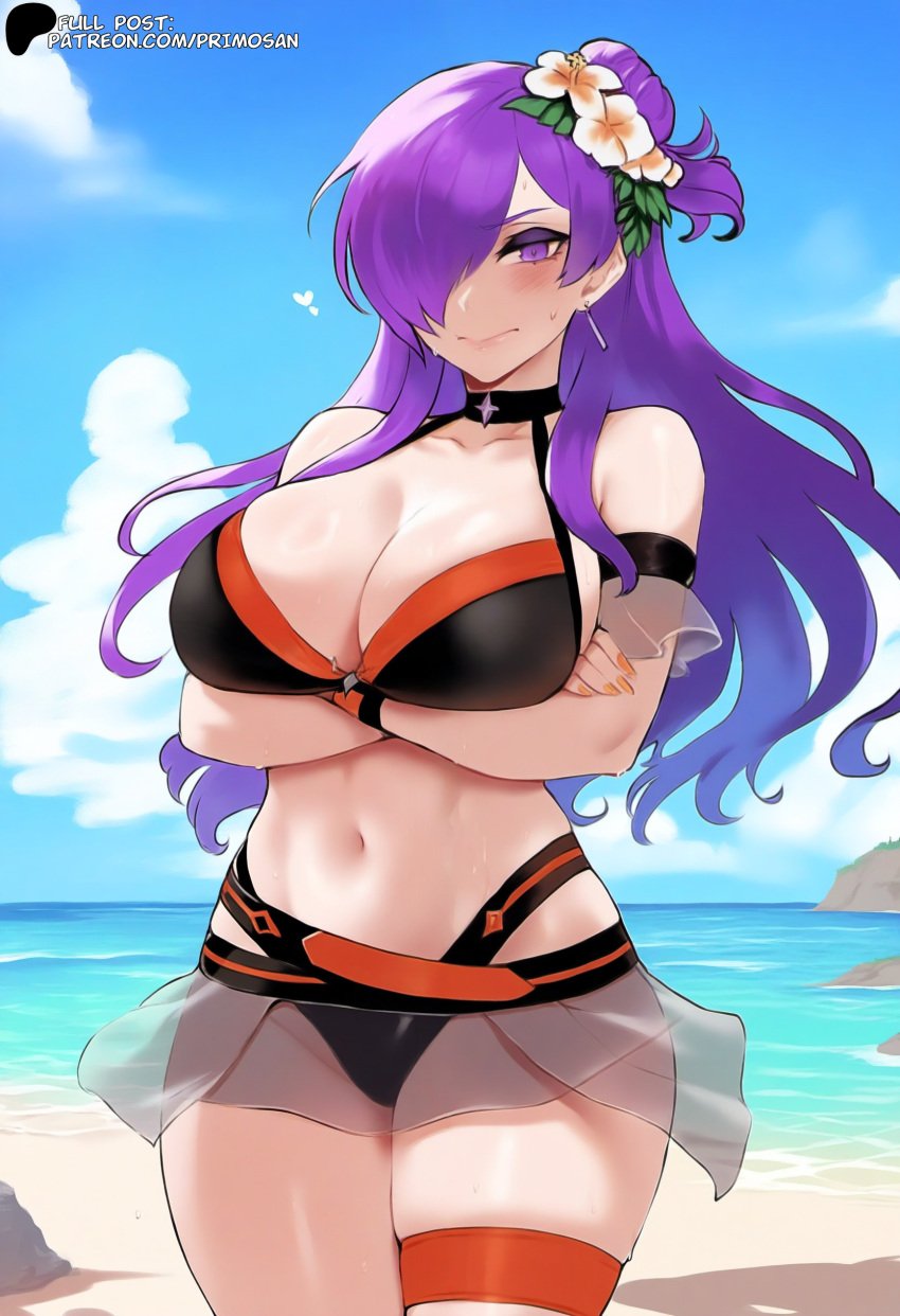 1girls ai_generated arms_crossed beach belt bikini black_bikini breast_support breasts crossed_arms embarrassed female female_only fire_emblem hi_res highres large_breasts light-skinned_female light_skin long_hair matching_hair/eyes multi-strapped_bikini_bottom orange_bikini orange_legwear primosan purple_eyes purple_hair rocks seaside see-through_clothing shez_(female)_(summer)_(fire_emblem) shez_(fire_emblem) skindentation skirt solo standing swimsuit thigh_strap violet_eyes violet_hair water