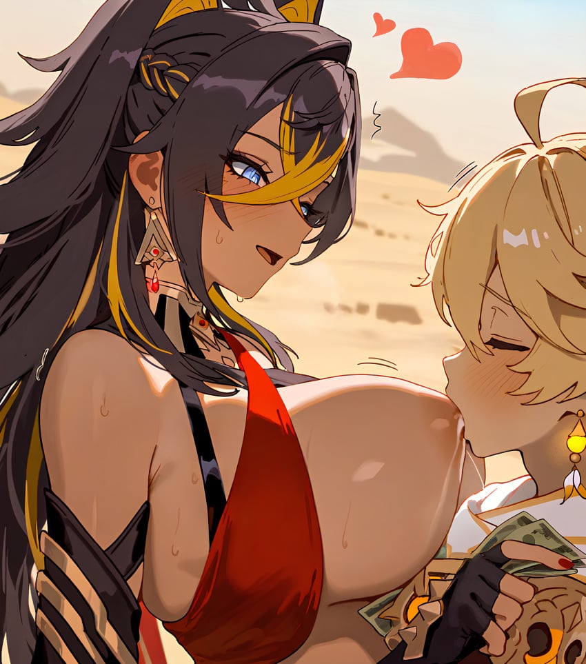 1boy 1girls aether_(genshin_impact) ai_generated breastfeeding dehya_(genshin_impact) genshin_impact horny_female long_hair mihoyo pleasure_face sex straight