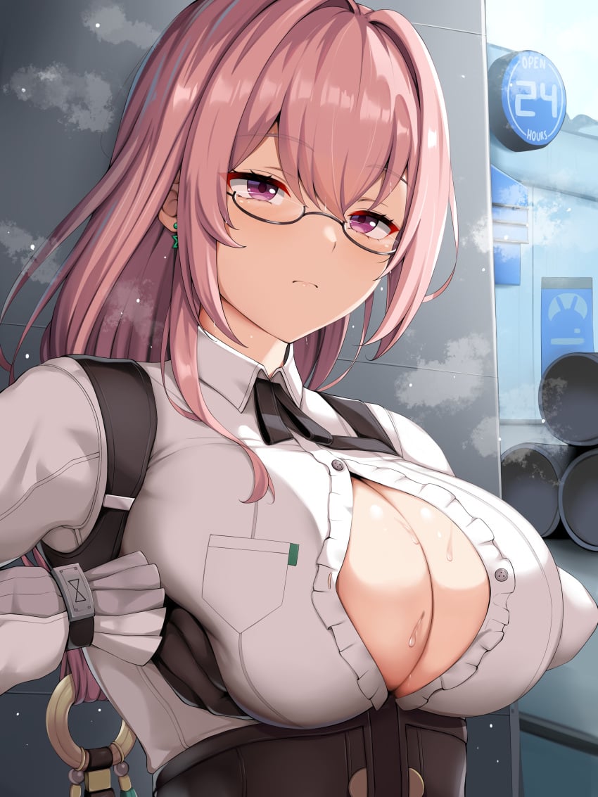 1boy 1girls breasts female female_focus glasses hi_res hollow_special_operations_section_6 hoyoverse huge_breasts light-skinned_female light-skinned_male light_skin long_hair male paizuri penis perpendicular_paizuri pink_eyes pink_hair renetan titjob tsukishiro_yanagi unseen_male_face zenless_zone_zero