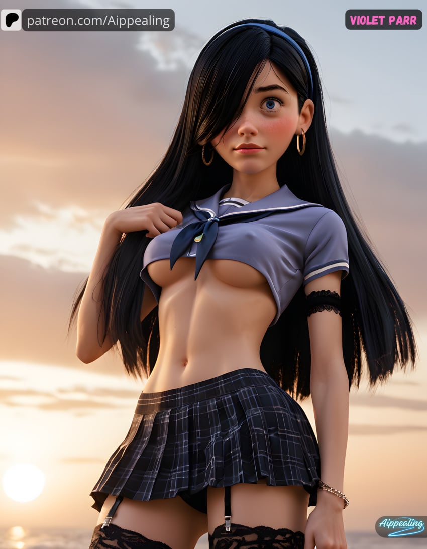 ai_generated aippealing bare belly belly_button bracelet crop_top cute dark_hair disney female female_focus female_only garter_straps hair_over_one_eye hot miniskirt navel nipples_visible_through_clothing pixar sexy stockings the_incredibles tummy underboob violet violet_parr