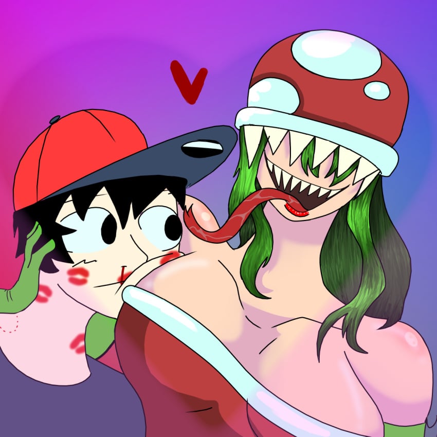 1boy 1girls big_breasts black_eyes green_hair kiss_mark long_tongue making_out minus8_(smb_enemies) piranha_plant piranha_plant_girl pointy_teeth pre_sex pushing_head tawagoto_(probros) teeth_showing um_idiota_fazendo_videos um_idiota_fazendo_videos_(character) white_skin