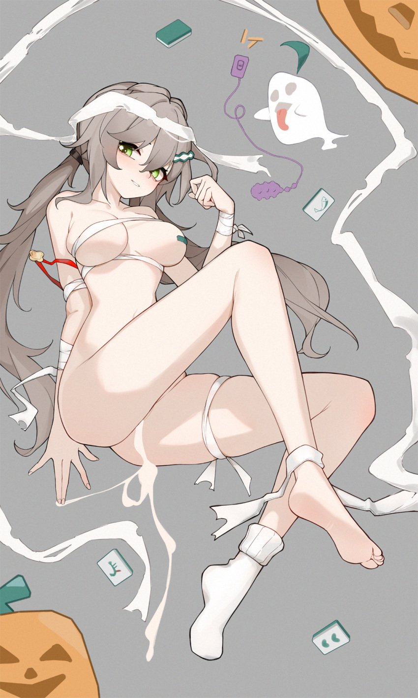 bandage_on_thigh bandaged_arm bandages blush breasts commentary_request egg_vibrator female full_body ghost green_eyes grey_background halloween highres honkai:_star_rail honkai_(series) implied_after_masturbation inniyik jack-o'-lantern light_brown_hair long_hair looking_at_viewer low_twintails mahjong_tile medium_breasts naked_bandage parted_lips pussy_juice qingque_(honkai:_star_rail) sex_toy single_bare_foot single_pasty single_sock skindentation socks soles solo twintails vibrator