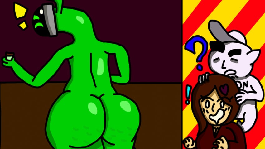 ! 1girls 2boys ? alien alien_boy alien_femboy alien_humanoid anon_3 aroused aroused_female big_eyebrows butt_dimples confused cup fat_ass femboy green_skin kun_(surrealcock) pervert pervert_female surrealcock thick_thighs trace_(surrealcock) unaware_voyearism useless_man voyeur voyeurism white_skin