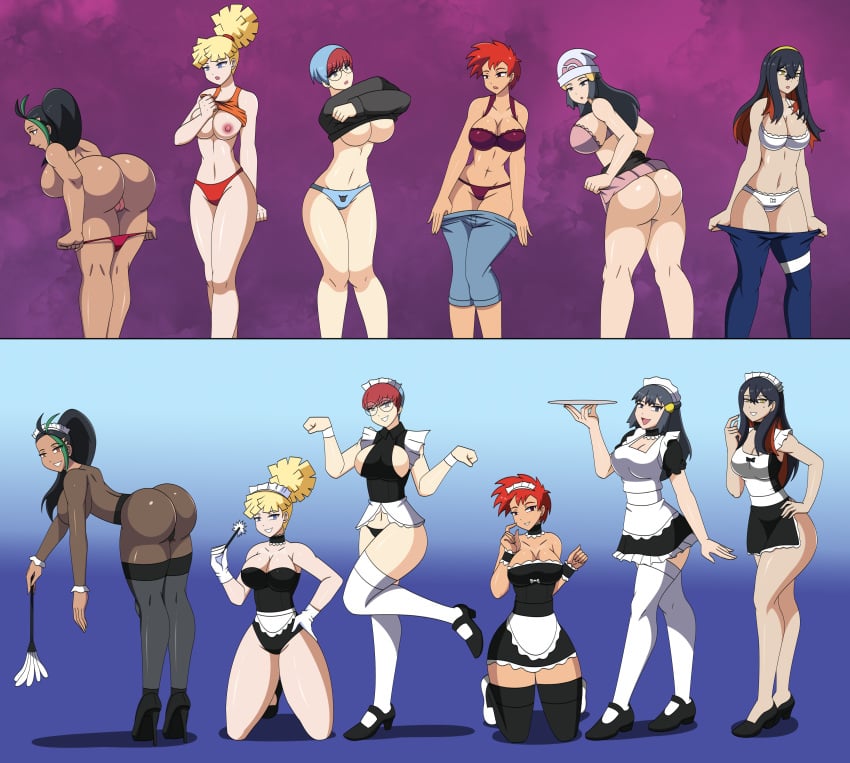 alternate_costume ass_focus bent_over blonde_hair bodysuit carmine_(pokemon) cleavage dawn_(pokemon) dress exposed_breasts feather_duster femsub hair_ornament harem hat hypnosis kneeling large_breasts long_hair maid maid_headdress mind_control multiple_girls nemona_(pokemon) nipples panties penny_(pokemon) pokemon posing pussy short_hair skirt_lift thighhighs thong underboob undressing zoey_(pokemon)