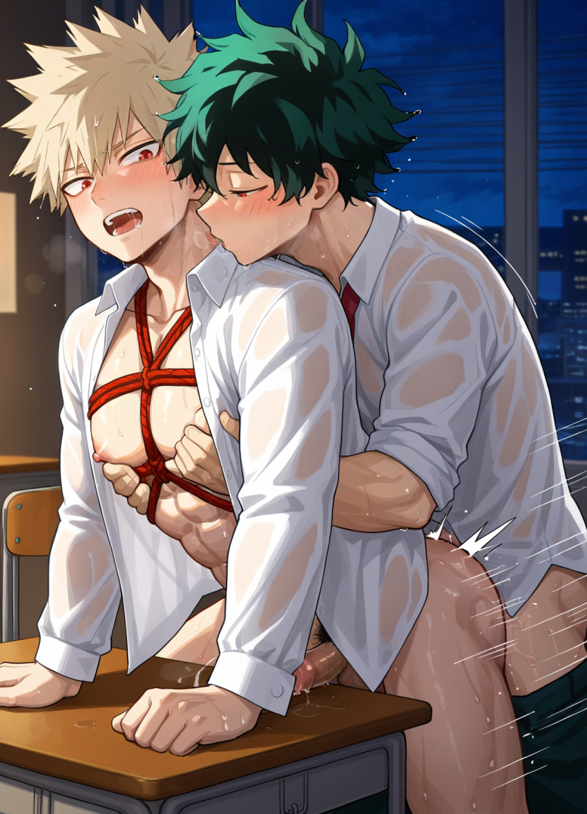 abs ai_generated anal anal_sex anus bakugou_katsuki bara blush classroom cum dick gay indoor indoors indoors_sex izuku_midoriya male_only midoriya_izuku my_hero_academia oral_sex penis sex yaoi