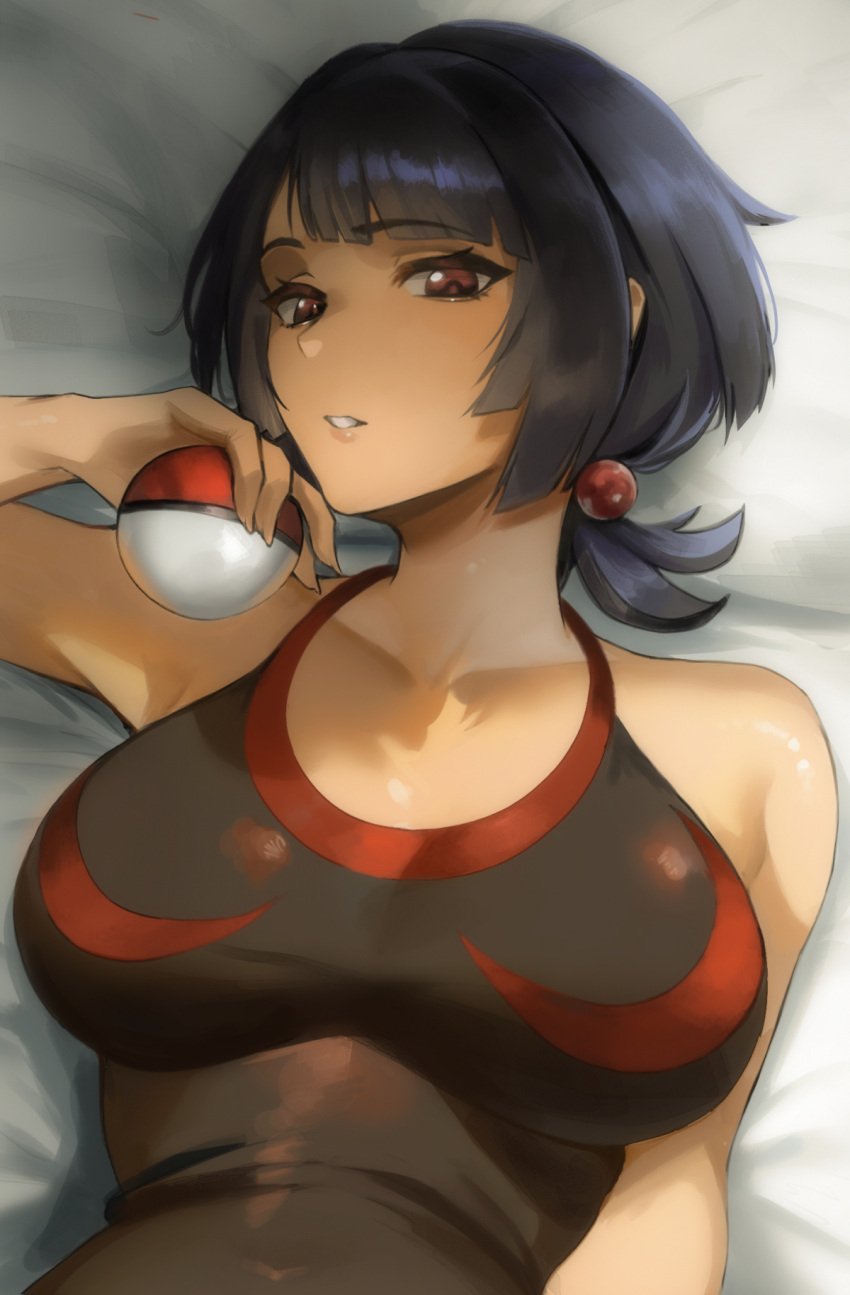 bed_sheet big_breasts black_hair black_shirt breasts commentary creatures_(company) female game_freak halterneck highres holding holding_poke_ball large_breasts looking_at_viewer lying nintendo on_back parted_lips poke_ball pokemon pokemon_oras red_eyes red_shirt shirt short_hair short_ponytail sleeveless solo tommy_(kingdukeee) two-tone_shirt zinnia_(pokemon)