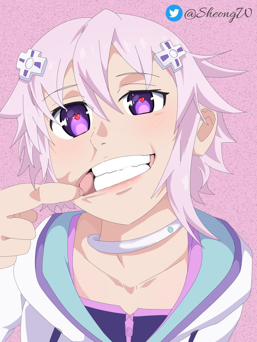 heart-shaped_pupils lips mouth neptune_(neptunia) neptune_(series) neptunia_(series) nsfw pink_hair purple_eyes sheong_wong short_hair teeth teeth_showing