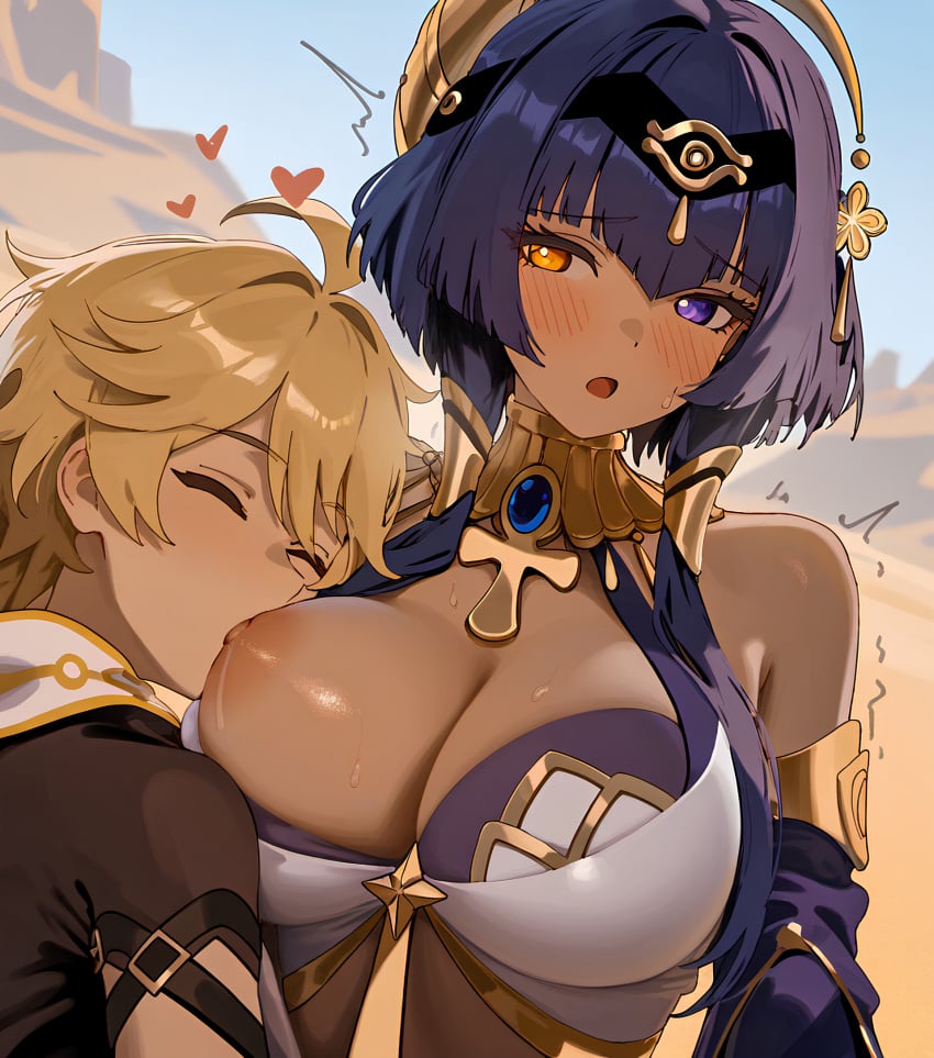 1boy 1girls aether_(genshin_impact) ai_generated breastfeeding candace_(genshin_impact) genshin_impact horny_female long_hair mihoyo pleasure_face sex straight