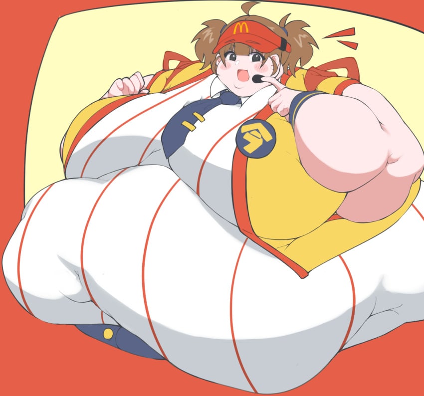 1girls ahoge bbw belly_bigger_than_head big_belly big_breasts breasts_bigger_than_head brown_hair chubby_cheeks double_cheese_(mcdonald&#039;s) double_chin fat fat_arms fat_belly fat_breasts fat_face fat_female fat_fetish fat_folds fat_rolls fat_woman hyper mcdonald&#039;s morbidly_obese obese obese_female overweight overweight_female ssbbw tie twintails ussbbw visor