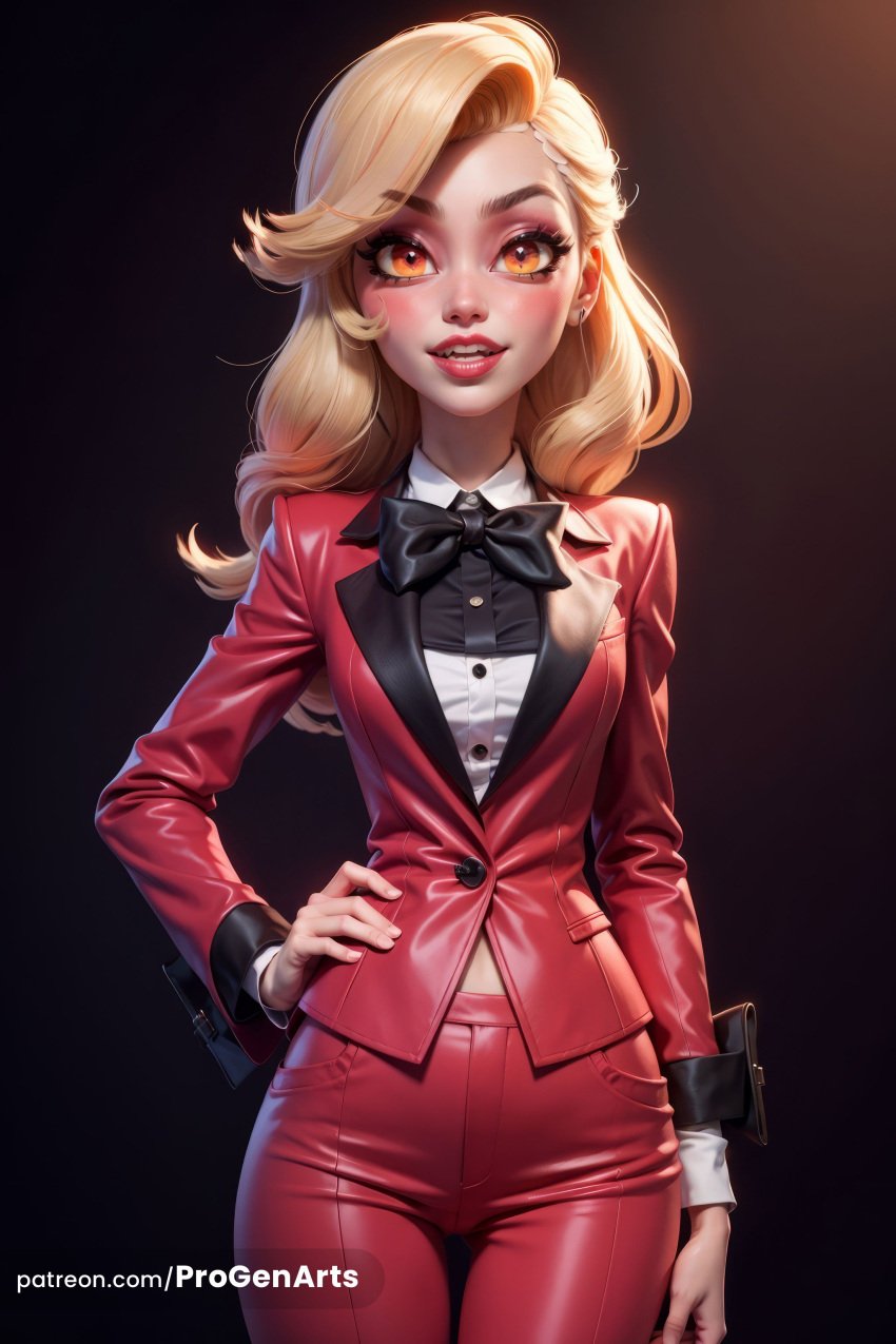 1girls ai_generated black_bow black_bowtie blonde_hair bow bowtie charlie_morningstar_(hazbin_hotel) cowboy_shot earrings formal hand_on_own_hip hazbin_hotel hi_res jacket jewelry lips long_hair long_sleeves looking_at_viewer makeup pants progenarts red_jacket red_pants red_suit shirt smile solo suit thigh_gap tight_pants