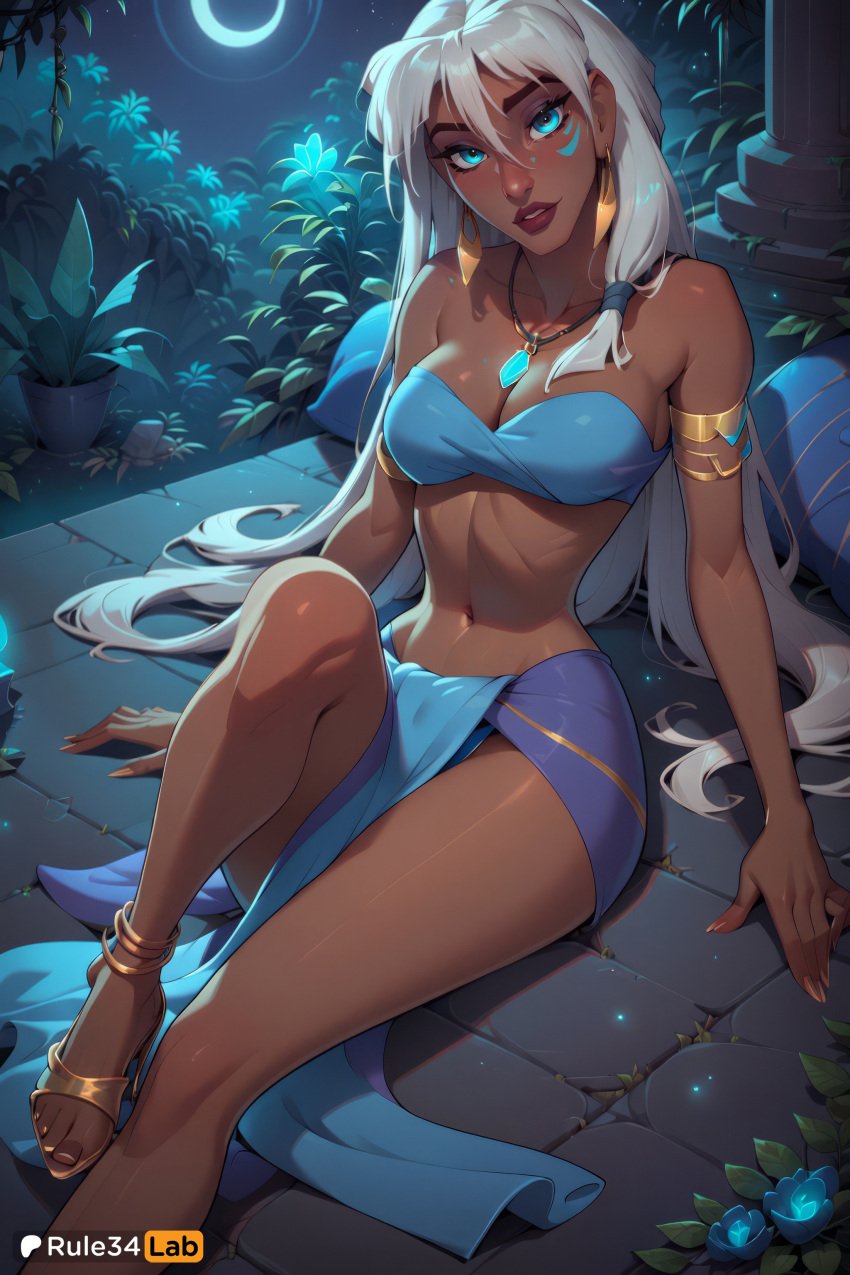 1girls ai_generated anklet armlet artist_name atlantis:_the_lost_empire bandeau bare_shoulders blue_eyes blue_flower breasts cleavage crescent_moon dark-skinned_female dark_skin disney earrings facial_mark female flower hi_res jewelry kida lips long_hair looking_at_viewer medium_breasts moon nail_polish navel necklace night night_sky patreon_username plant rule34lab sandals sitting skirt sky solo strapless toenails toes very_long_hair white_hair