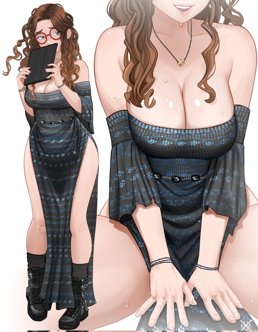 1girls artist_self-insert bare_shoulders big_breasts black_dress boots breasts brown_eyes brown_hair cleavage corrupted_twitter_file cute detached_sleeves dress el_(e11e) embarrassed female glasses large_breasts long_dress long_hair loose_socks necklace original pelvic_curtain pigeon-toed print_dress red-framed_eyewear socks solo strapless strapless_dress sweat thighs wavy_hair x_e11e