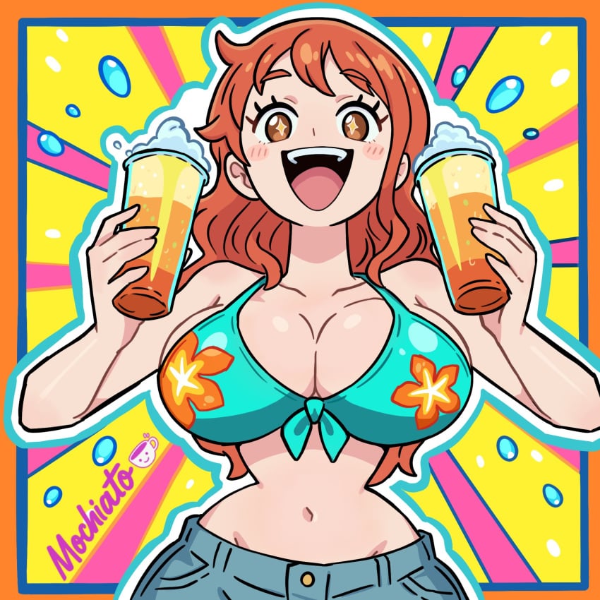 1girls artist_name beer big_breasts bikini_top busty cleavage clothing female female_only grin light-skinned_female light_skin midriff mochiato_art mochiato_art nami_(one_piece) one_piece orange_hair small_waist