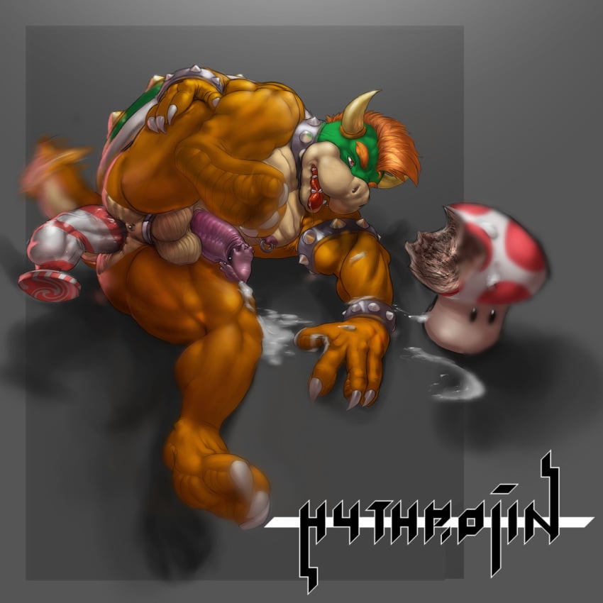 anal anthro balls bowser cum hythrojin koopa male male_only mario_(series) mushroom nintendo nipple_piercing nude open_mouth penis penis_piercing piercing reptile scalie super_mario_bros.